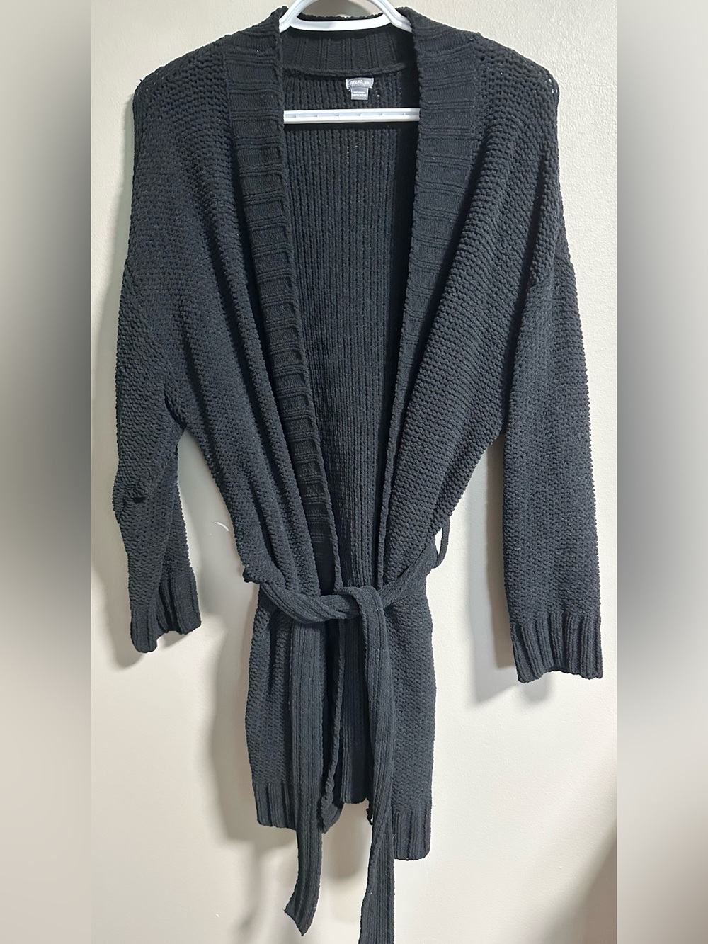 Aerie Black Knit Belted Open-Front Cardigan in Black Size Medium
